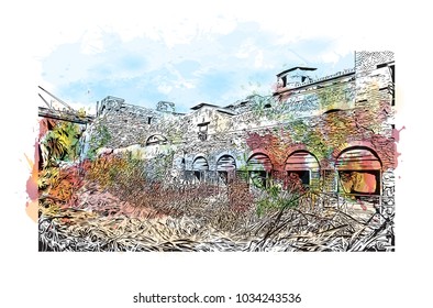 Herculaneum Town Located in the shadow of Mount Vesuvius, Herculaneum was an ancient Roman town destroyed by volcanic pyroclastic flows in 79 AD. Watercolor splash with hand drawn sketch in vector.