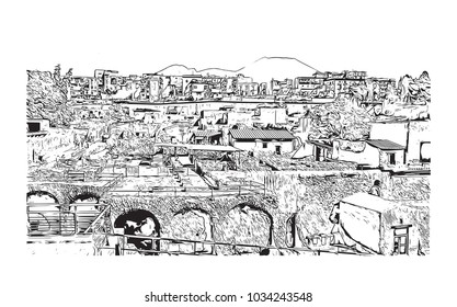 Herculaneum Town Located in the shadow of Mount Vesuvius, Herculaneum was an ancient Roman town destroyed by volcanic pyroclastic flows in 79 AD. Hand drawn sketch illustration in vector.