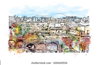 Herculaneum Town Located in the shadow of Mount Vesuvius, Herculaneum was an ancient Roman town destroyed by volcanic pyroclastic flows in 79 AD. Watercolor splash with hand drawn sketch in vector.