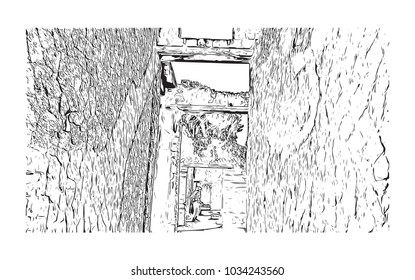 Herculaneum Town Located in the shadow of Mount Vesuvius, Herculaneum was an ancient Roman town destroyed by volcanic pyroclastic flows in 79 AD. Hand drawn sketch illustration in vector.
