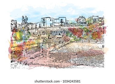 Herculaneum Town Located in the shadow of Mount Vesuvius, Herculaneum was an ancient Roman town destroyed by volcanic pyroclastic flows in 79 AD. Watercolor splash with hand drawn sketch in vector.