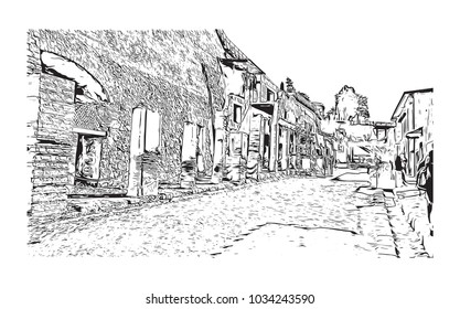 Herculaneum Town Located in the shadow of Mount Vesuvius, Herculaneum was an ancient Roman town destroyed by volcanic pyroclastic flows in 79 AD. Hand drawn sketch illustration in vector.