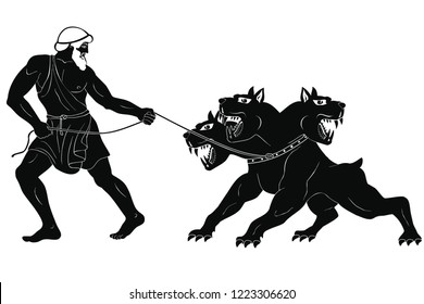 Hercules abducts Cerberus from Hell. Figure isolated on white background. svg