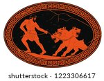 Hercules abducts Cerberus from Hell. Oval medallion isolated on a white background.