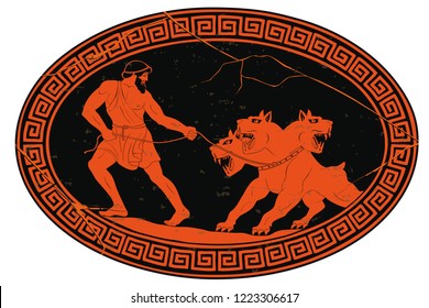 Hercules abducts Cerberus from Hell. Oval medallion isolated on a white background. svg