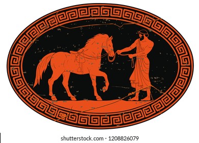 Hercules abducts the horses of Diomedes. 12 exploits of Hercules. Oval medallion isolated on a white background.