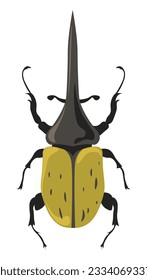 Hércules escarabajo o insecto, especies aisladas de insectos con piernas y cuerno. Naturaleza, zoología y tipos de biodiversidad. Volar con alas y cuerpo amarillo. Vector en ilustración de estilo plano