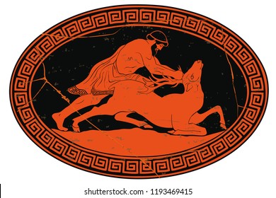 Hercules catches the Keriniysky Lan. 12 exploits of Hercules. Oval medallion isolated on a white background.