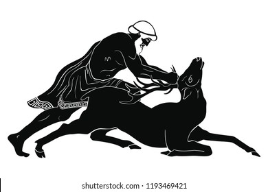 Hercules catches the Keriniysky Lan. 12 exploits of Hercules. Figure isolated on white background.