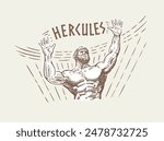 Hercules, a character from the myths of ancient Greece in the form of an athletically built man, an athlete, raised his hands up in the form of a greeting. Vector illustration.