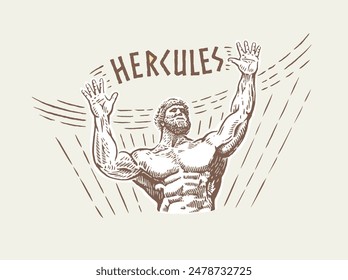 Hercules, a character from the myths of ancient Greece in the form of an athletically built man, an athlete, raised his hands up in the form of a greeting. Vector illustration.