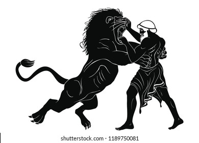 Hercules defeats the Nemean lion. 12 exploits of Hercules. Figure isolated on white background.