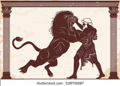 Hercules defeats the Nemean lion. 12 exploits of Hercules. Figure on a beige background with aging effect.