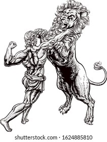 Hercules fighting the Nemean Lion as one his twelve tasks labors  From the ancient Greek myth  In vintage retro woodcut etching style