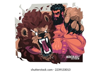 Hercules fights with lion character vector illustration. Intense fight scene, Hercules squeeze neck of rageous lion.