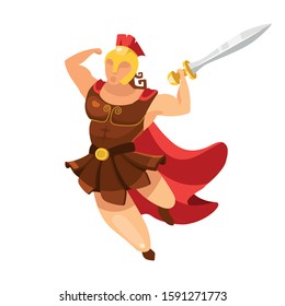 Hercules flat vector illustration. Gladiator in action pose. Fighter in full armor. Warrior with sword jump. Man with weapon attack. Herakles isolated cartoon character on white background