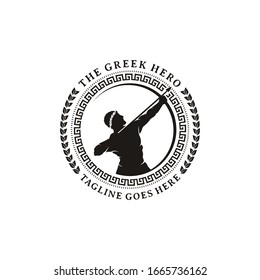 Hercules Heracles and Bow Longbow Arrow  Muscular Myth Greek Archer Warrior Silhouette and Circle Emblem Badge Pattern Frame Leaf Wreath Logo design