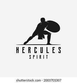 hercules holding shield  muscular myth greek warrior silhouette logo design template