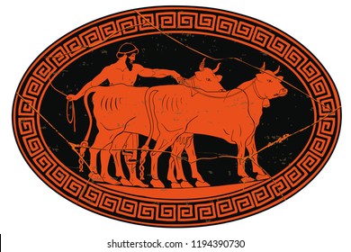 Hercules kidnaps cows herd of Gerion. 12 exploits of Hercules. Oval medallion isolated on a white background.