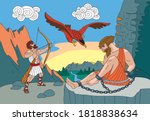 Hercules kills an eagle that bites the liver of Prometheus chained to a rock