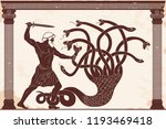 Hercules kills the Lyrna Hydra. 12 exploits of Hercules. Figure on a beige background with the aging effect.
