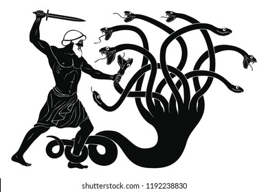 Hercules kills the Lyrna Hydra. 12 exploits of Hercules. Figure isolated on white background.