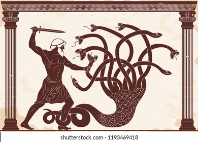 Hercules kills the Lyrna Hydra. 12 exploits of Hercules. Figure on a beige background with the aging effect.