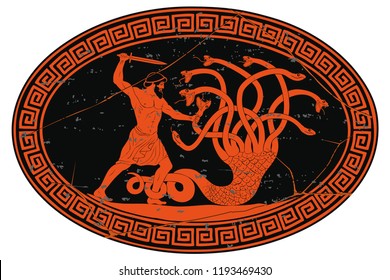 Hercules kills the Lyrna Hydra. 12 exploits of Hercules. Oval medallion isolated on a white background.