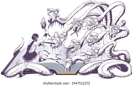 Hercules sets fire to head of Gorgon Medusa with torch. Open book illustration. Vector cartoon isolated on white