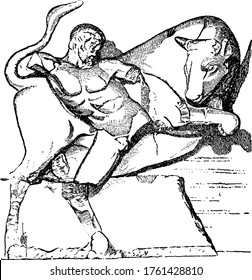 Hercules was the son of Zeus (Roman equivalent Jupiter) and the mortal Alcmene, in Greek mythology. The picture depicts, Hercules with the Bull, vintage line drawing or engraving illustration 