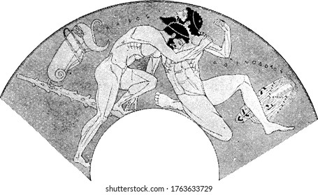 Hercules was the son of Zeus (Roman equivalent Jupiter) and the mortal Alcmene, in Greek mythology. The picture depicts, Heracles and Antaeus, vintage line drawing or engraving illustration 