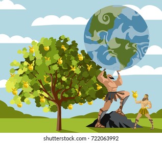 hercules taking golden apples from a tree and atlas holding the globe