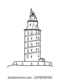 Hercules tower, torre de Hercules, A Coruña, Galicia, Spain. Historic monument architecture lighthouse located in North of Spain. Hand drawn inked strokes sketch style vector illustration.