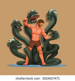 Hercules vs Hydra figure character. Greek classical Mythology story scene illustration vector 