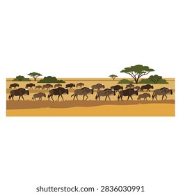 A herd of animals traverses a wide, dry grassland with scattered trees.