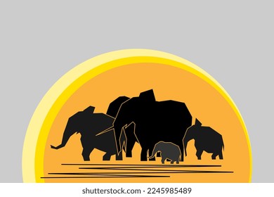 Herd black abstract silhouettes of elephants in the background of big orange sun isolated on grey background. Wildlife protection concept. Cartoon vector flat illustration.