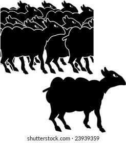 A herd of black sheeps silhouettes and the figure alone