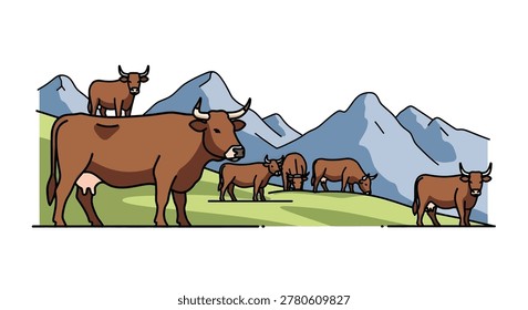 Herd of brown cows grazing outdoors