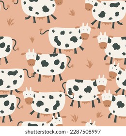 Herd of cows grazing in the field seamless patent cute illustration