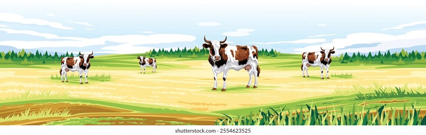 A herd of cows grazing on a vast green meadow, beautiful natural scenery with clear sky