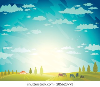 Herd of cows and green field on a cloudy sky background.Vector rural summer landscape.