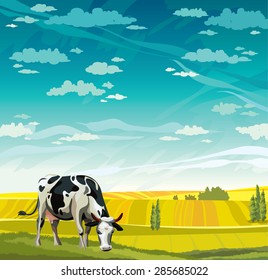 Herd of cows in green field on a blue sky. Vector rural nature landscape.