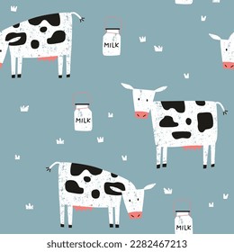 Herd of cows with milk buckets grazing outdoor on blue background - cute and simple seamless pattern illustration