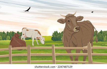 Herd of cows in the pasture. Summer meadow with green grass. Farm and farm animals. Realistic vector landscape