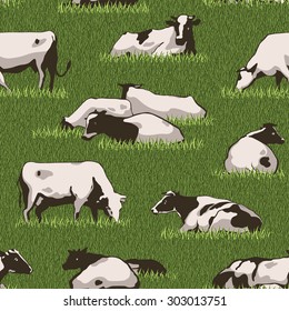 Herd of cows seamless color pattern with standing, lying, relaxing and nipping the green grass stylized cows in different poses vector illustration