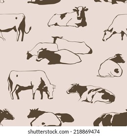 Herd of cows seamless pattern with standing, lying, relaxing and nipping the grass stylized cows in different poses vector