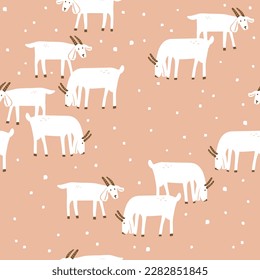 Herd of cute white goats in the wild - seamless pattern simple illustration