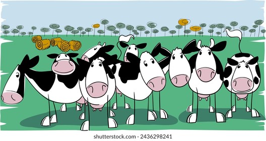 Herd of dairy cows holstein breed in humoristic illustration in a meadow grazing walking and looking towards the observer and isolated illustration	