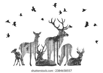 Una manada de ciervos con pájaros. En el interior hay un bosque de pinos. Objeto aislado, ilustración vectorial, siluetas blancas y negras de alto detalle.