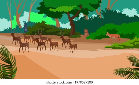 A herd of deer has other animals in a forest - illustration